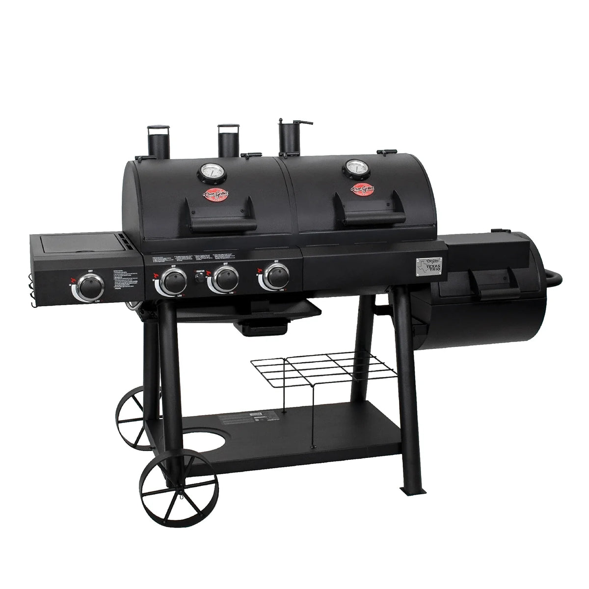 Char-Griller Texas Trio 3070 dual-fuel grill angled view