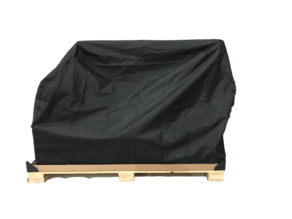 Black cover for a barbecue grill on a wooden pallet -smokeforges