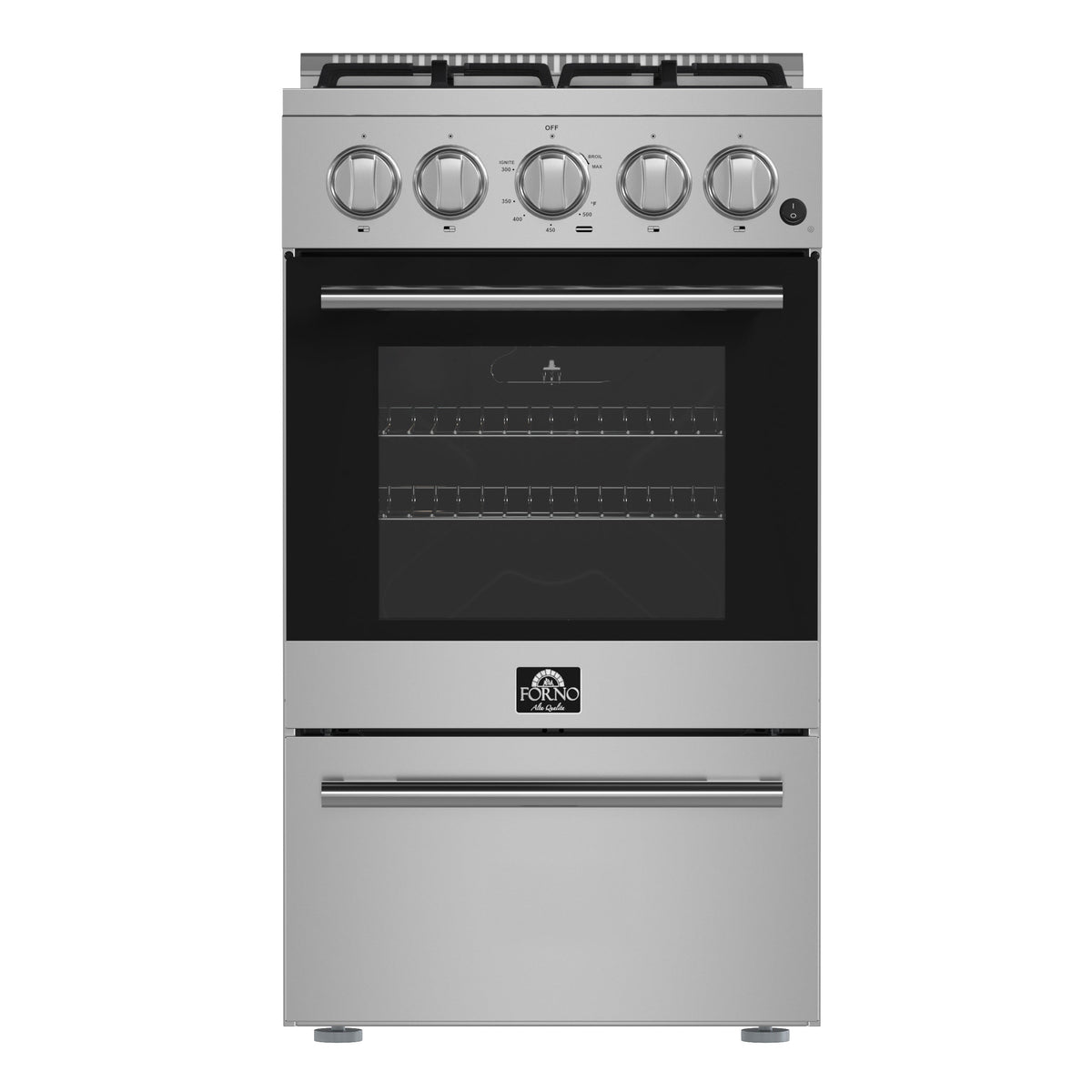 Forno Lamazze 20-Inch Gas Range in stainless steel, front view