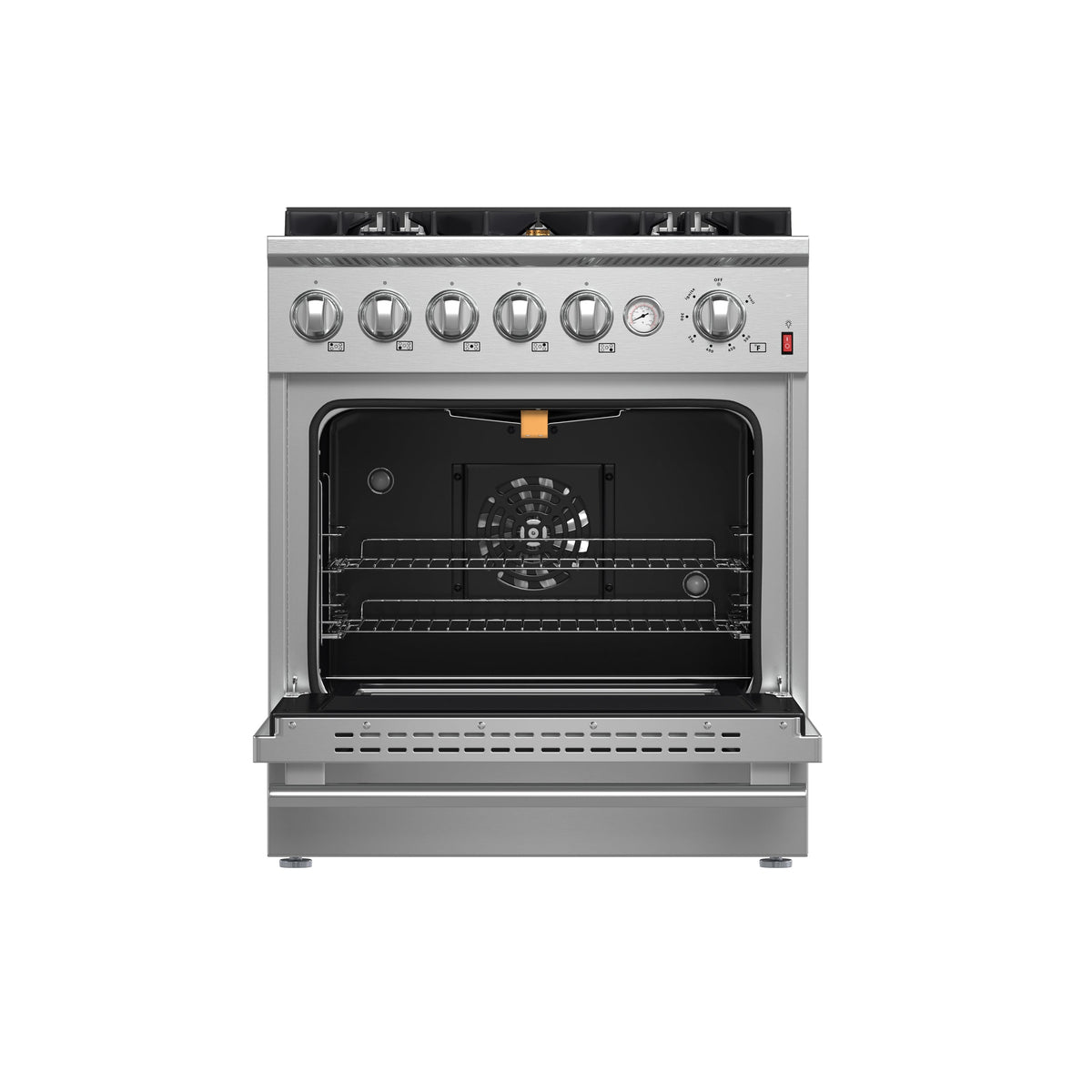 Forno Giovanni 30-Inch Gas Range in stainless steel, front view, door open