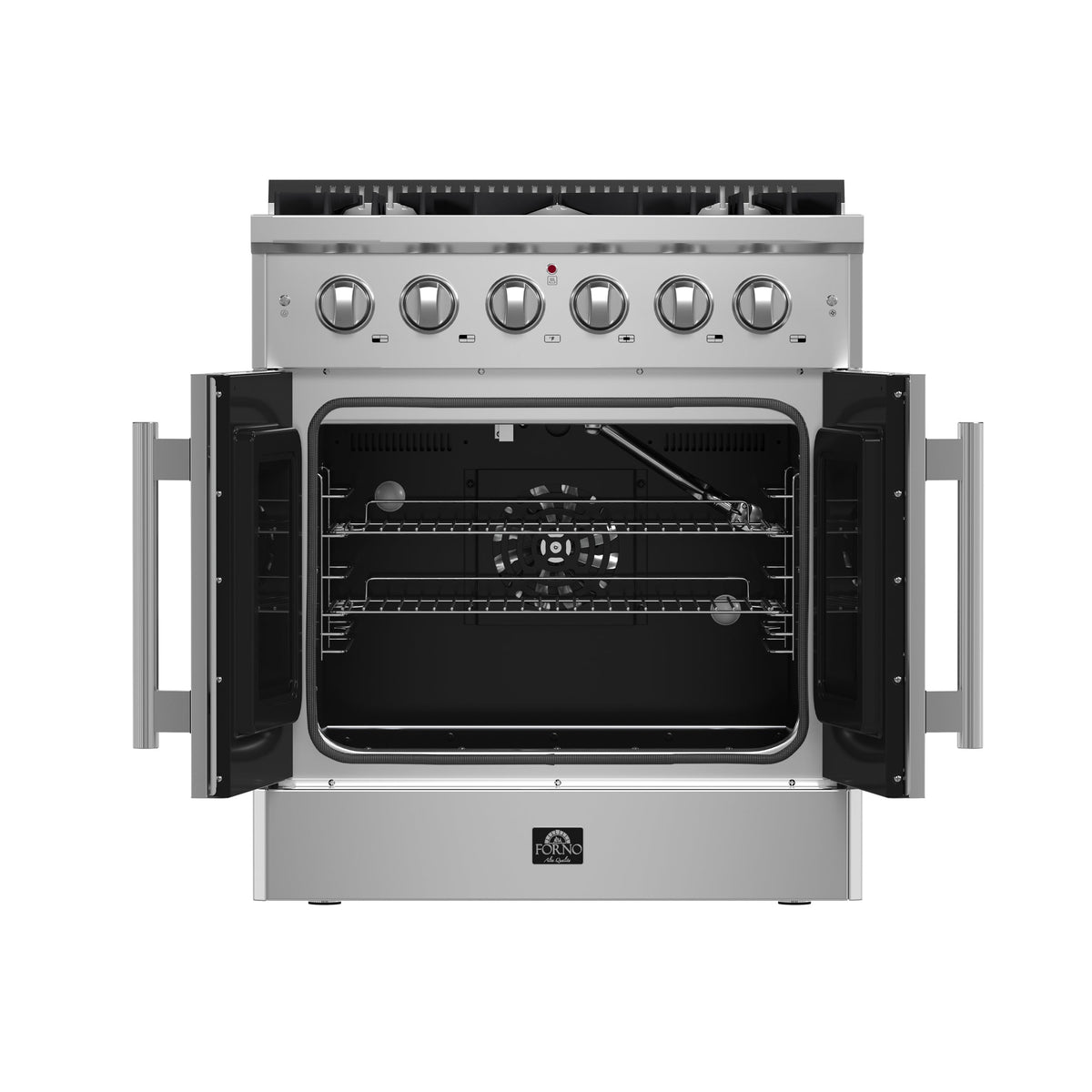 Forno Galiano 30-Inch Gas Range in stainless steel, front view, door open