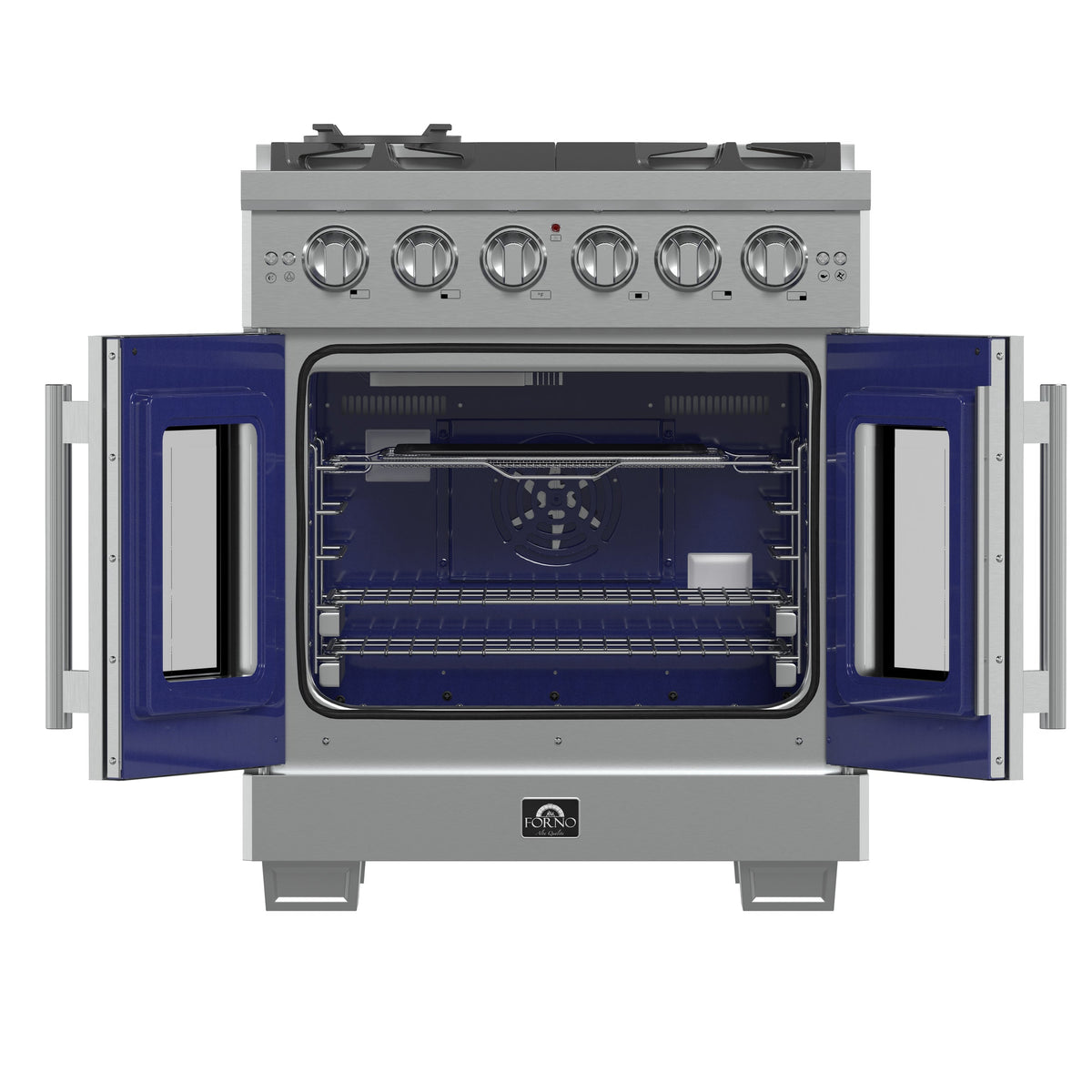 Forno Capriasca 30-Inch Gas Range in stainless steel, front view, door open