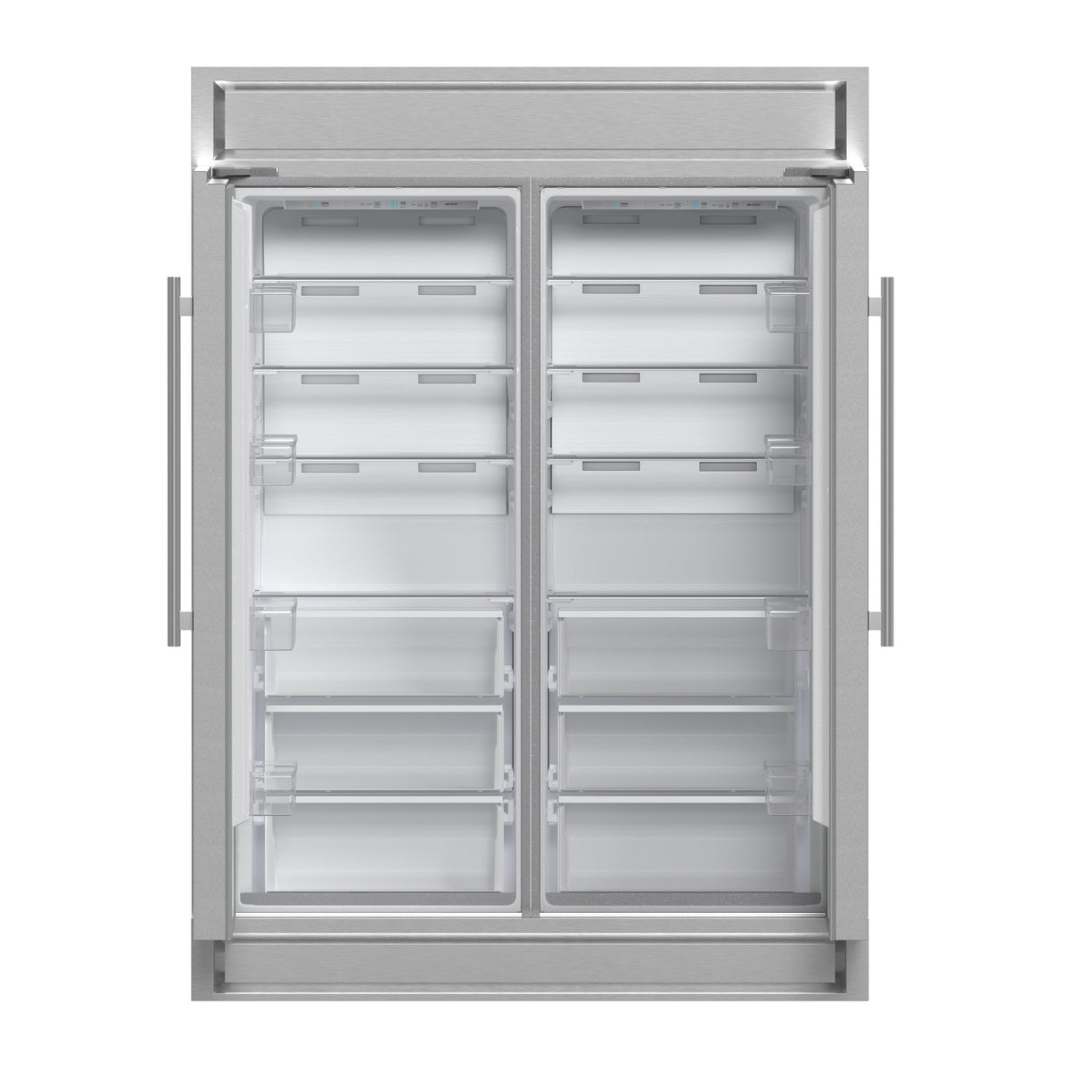 Forno Maderno 28-Inch Side-by-Side Refrigerator in stainless steel, front view, door open