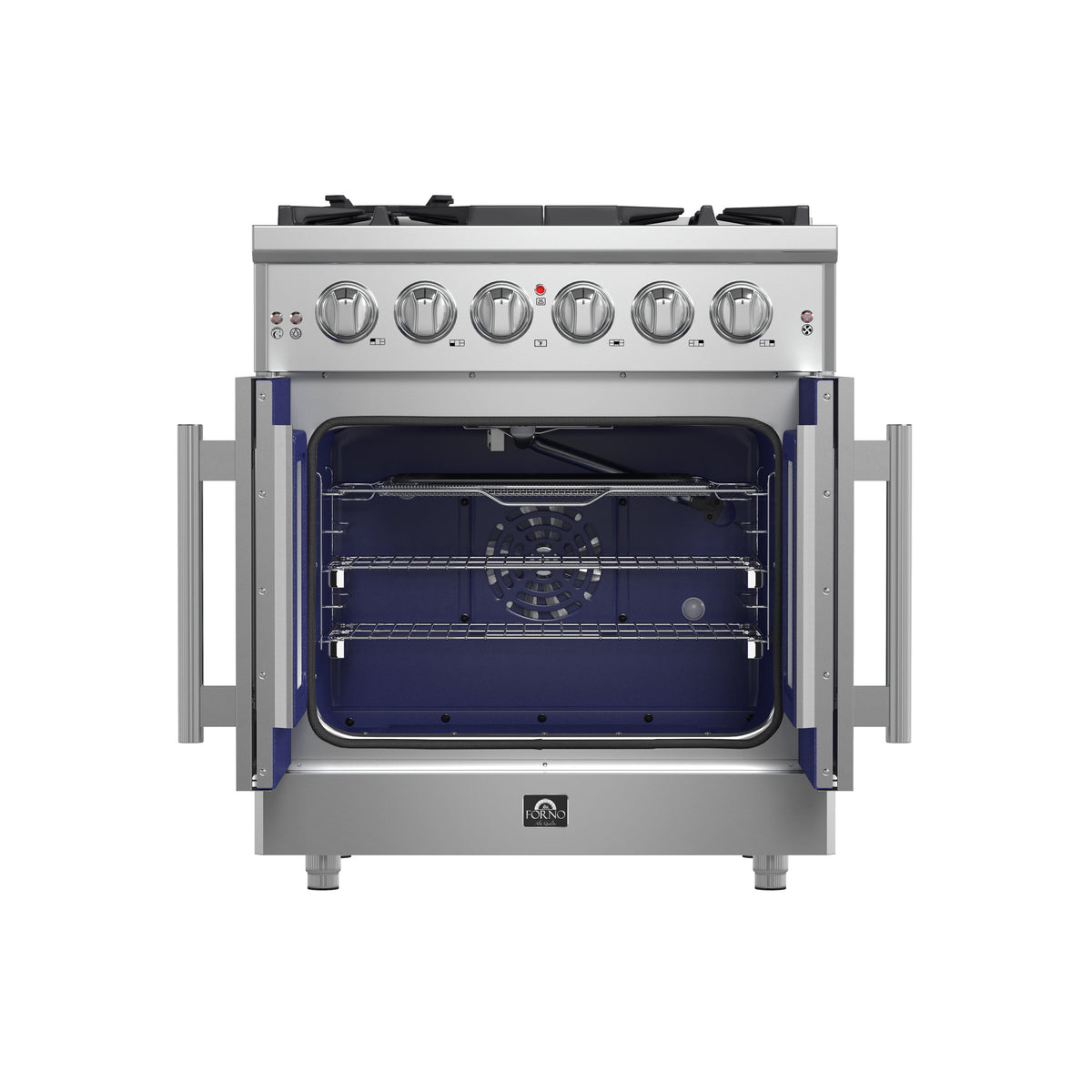 Forno Massimo 30-Inch Gas Range in stainless steel, front view, door open