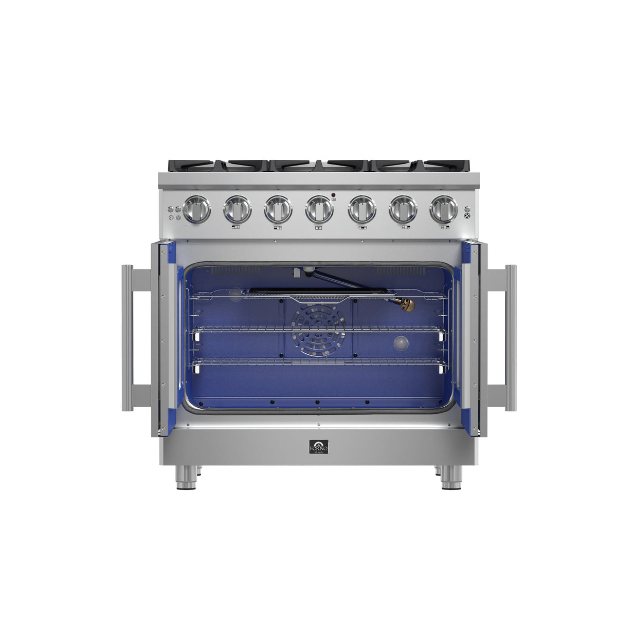 Forno Massimo 36-Inch Gas Range in stainless steel, front view, door open