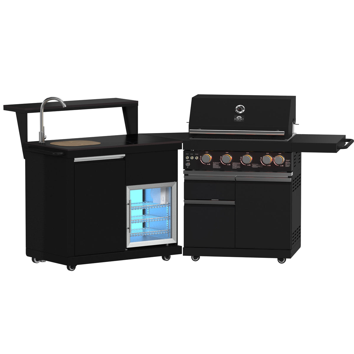 Forno Aperto Outdoor Kitchen Set in black, grill front lights on