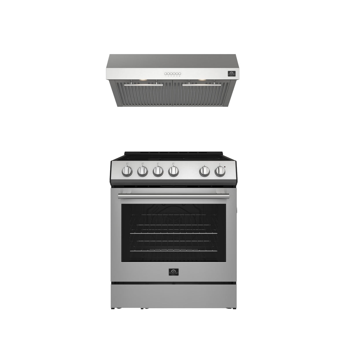 Forno Kitchen Appliance Package in stainless steel, range and range hood shown together