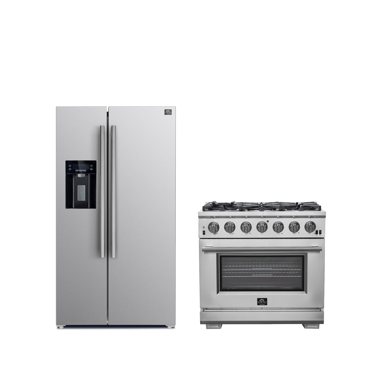 Forno Kitchen Appliance Package in stainless steel, refrigerator and range shown together