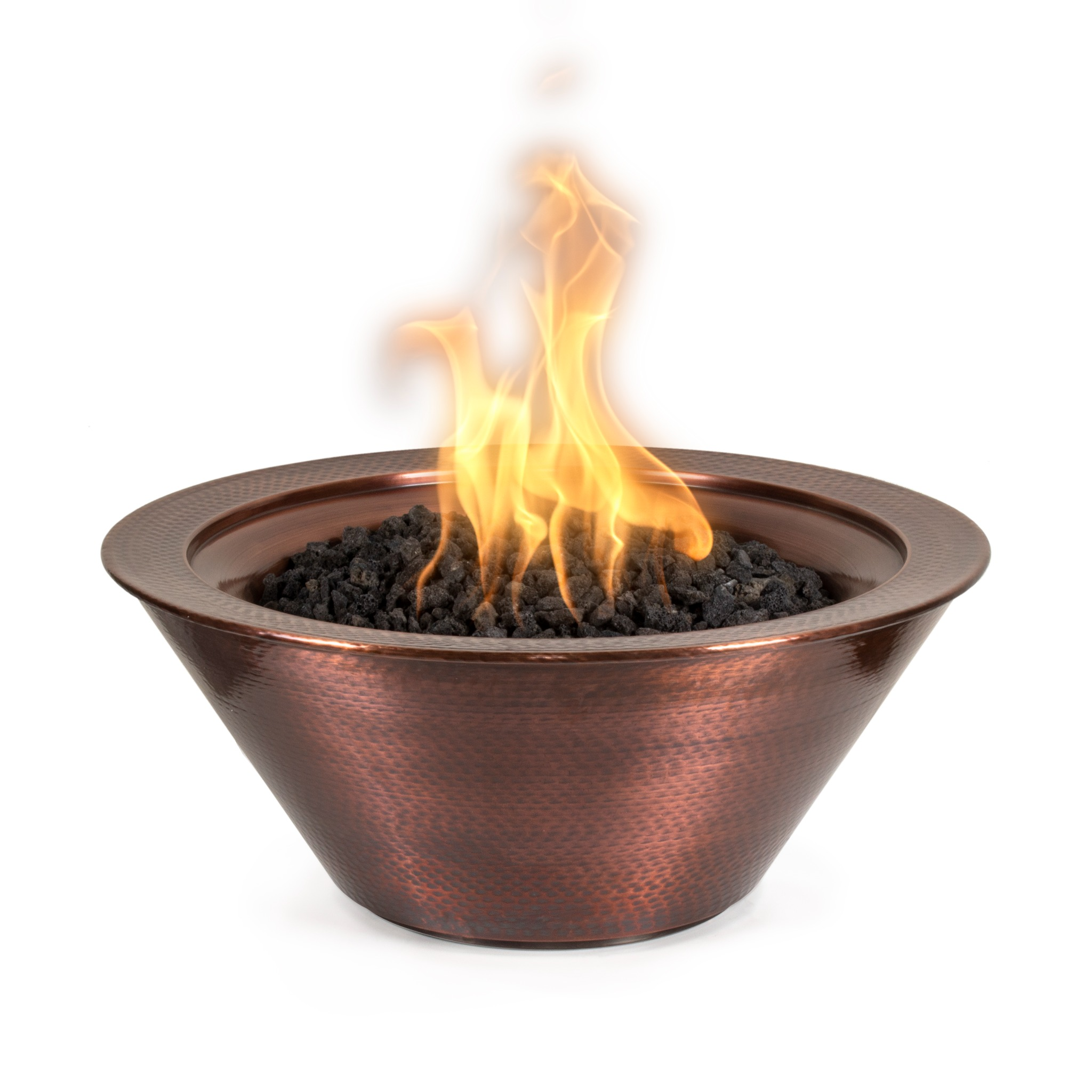 The Outdoor Plus Cazo Fire Bowl in hammered patina copper for outdoor use