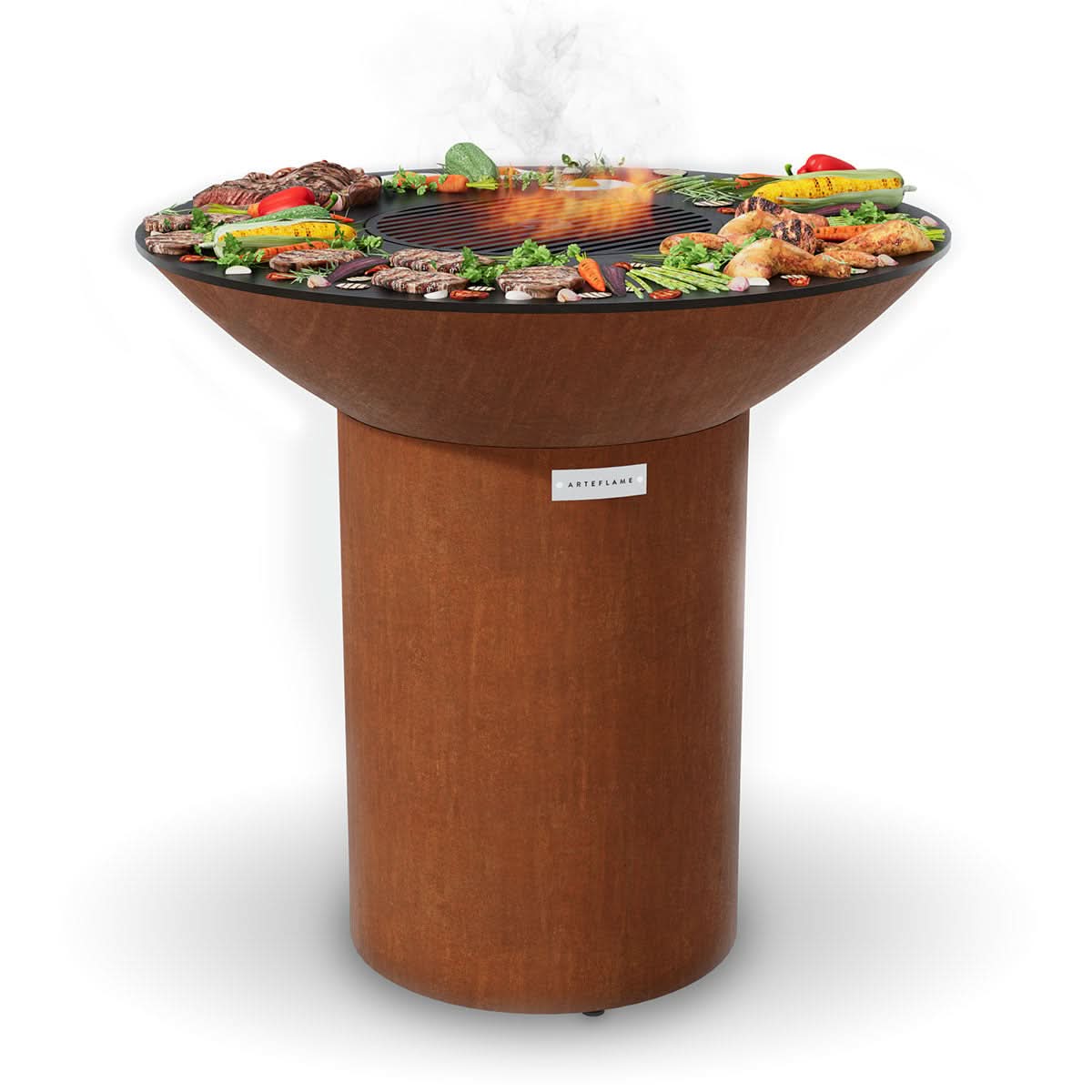 Arteflame Classic 40 inch flat top charcoal grill with round Corten steel base