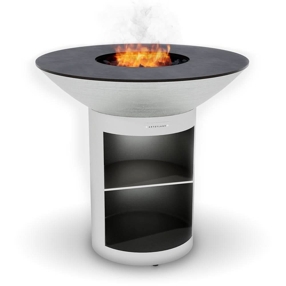 Arteflame 40 inch Platinum Series stainless steel fire bowl flat top grill with storage base