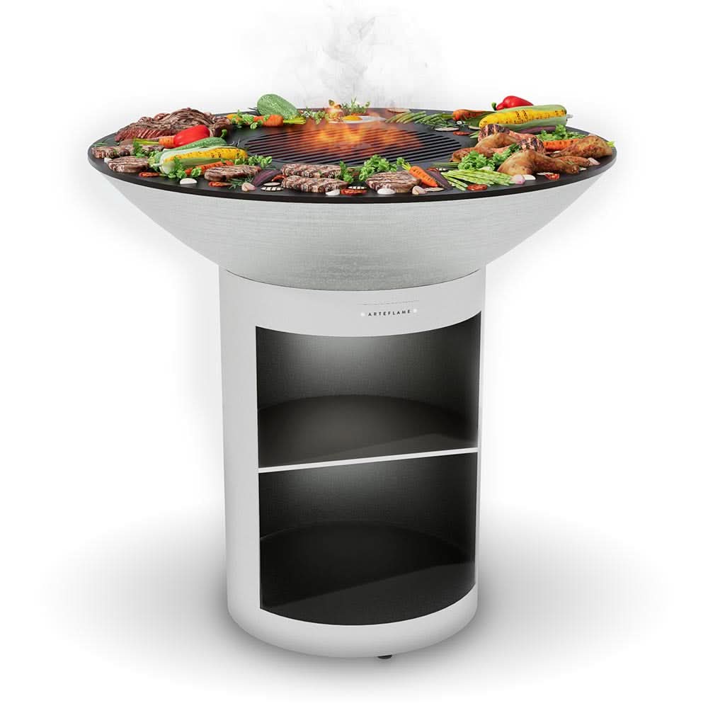 Arteflame 40 inch Platinum Series stainless steel fire bowl flat top grill with storage base