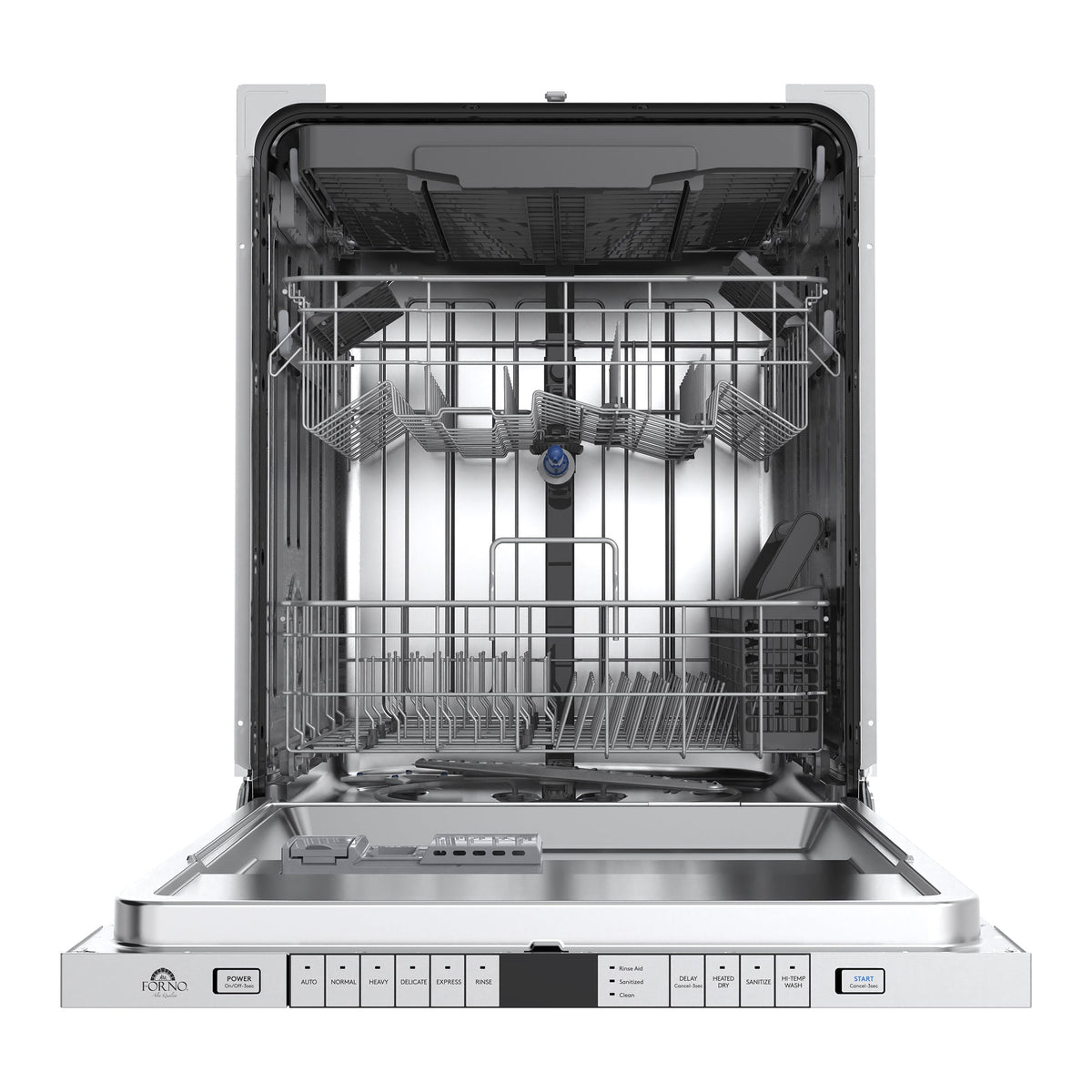 Forno Quiet Dishwasher in stainless steel, front view, door open