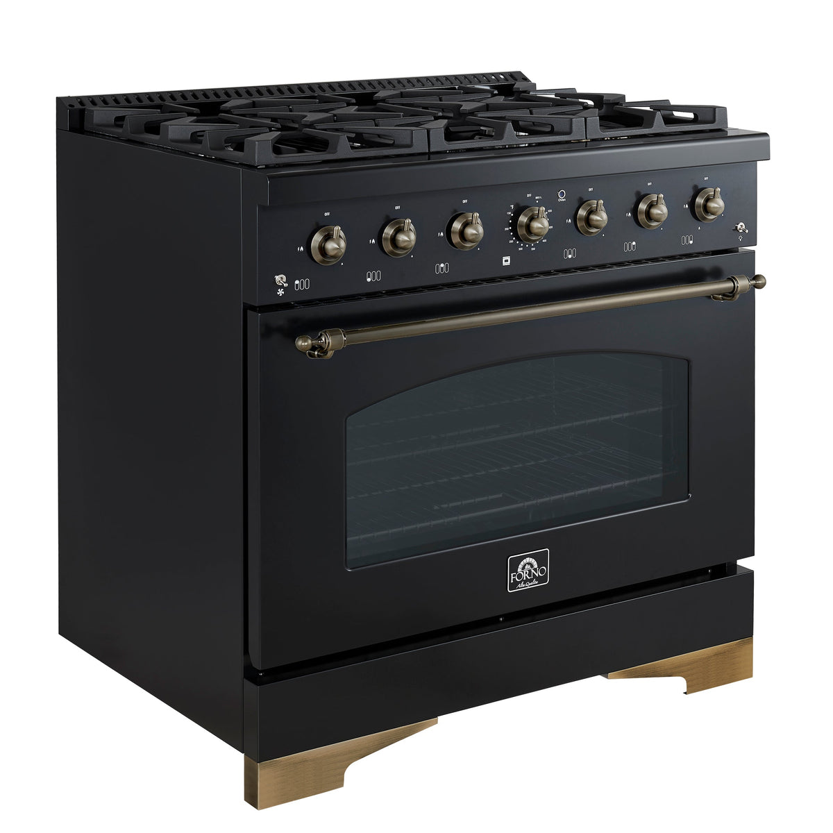 Forno Antico 36-Inch Dual Fuel Range in black, left angle view