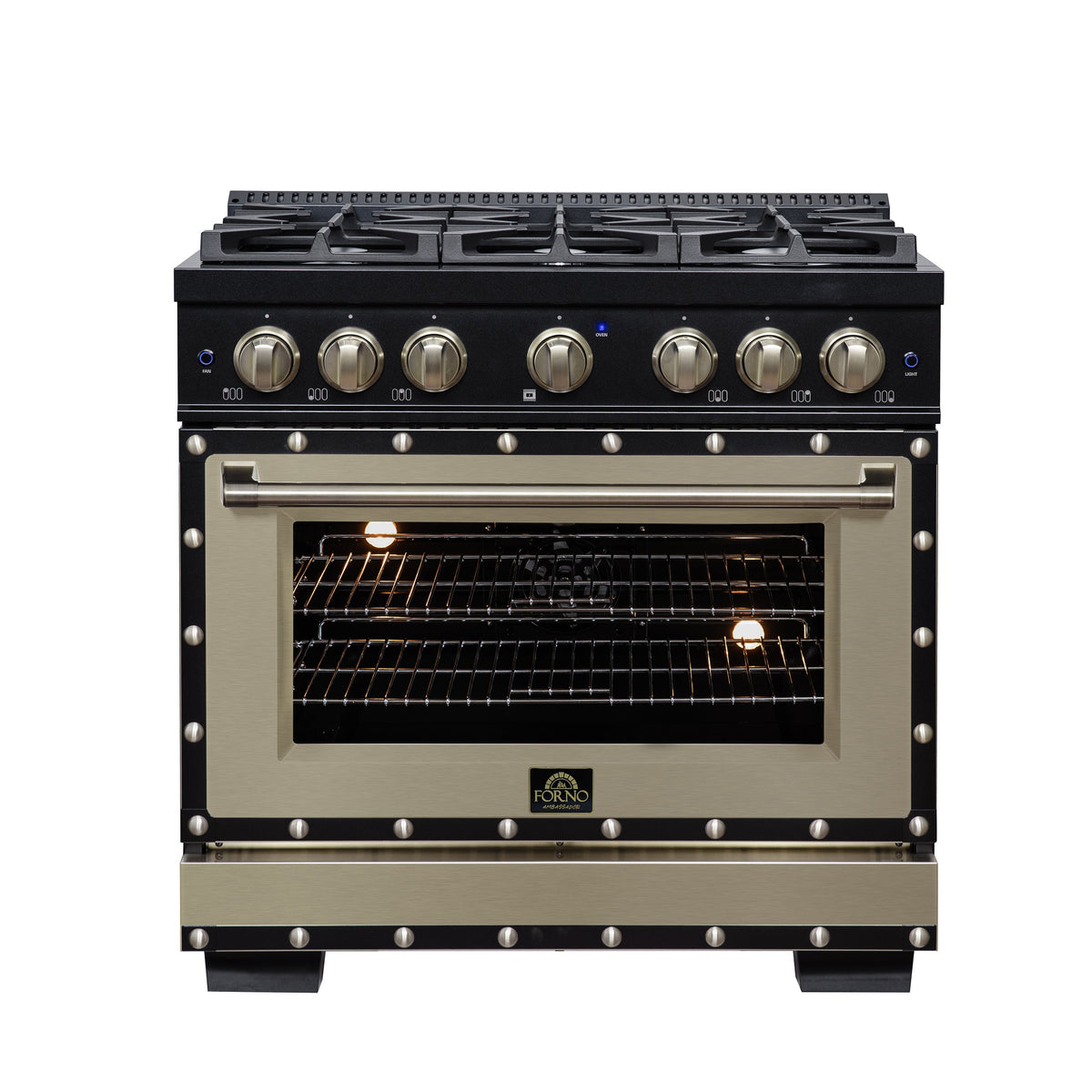 Forno Ambassador 36-Inch Dual Fuel Range in black, front lights on