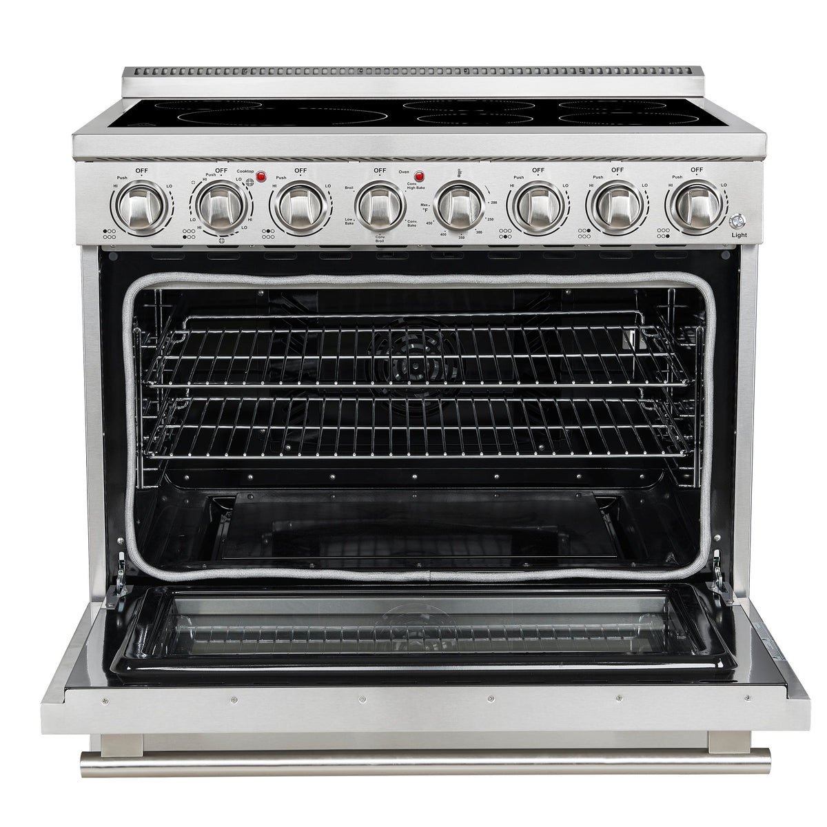 Forno Paolo 36-Inch Electric Range in stainless steel, front door open