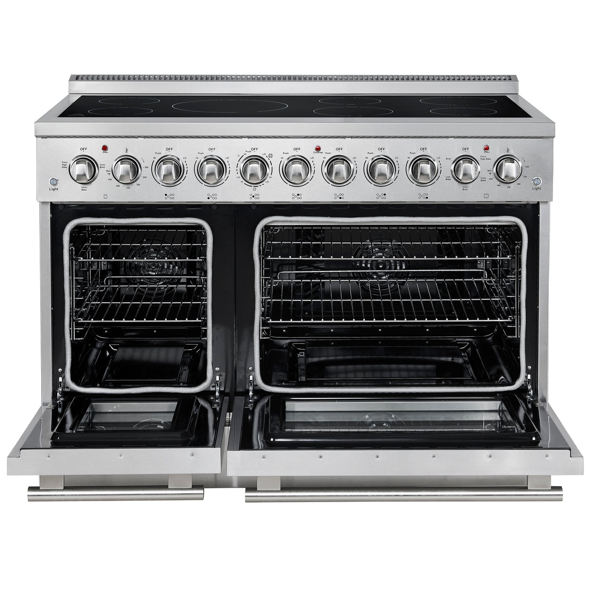Forno Paolo 48-Inch Electric Range in stainless steel, front view, door open