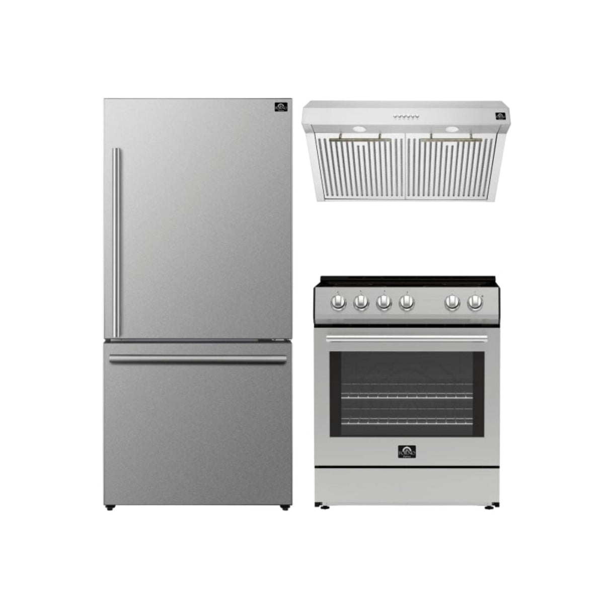 Forno Kitchen Appliance Package in stainless steel, refrigerator, range and range hood shown together