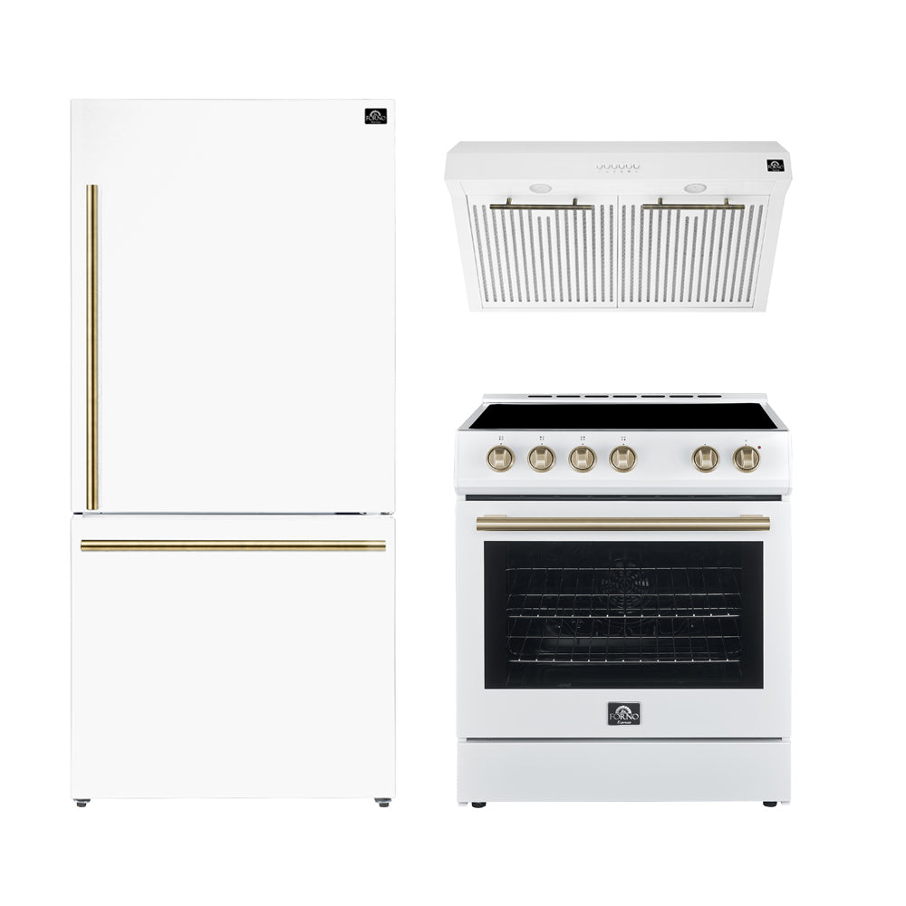 Forno Kitchen Appliance Package in white, refrigerator, range and range hood shown together with brass trim