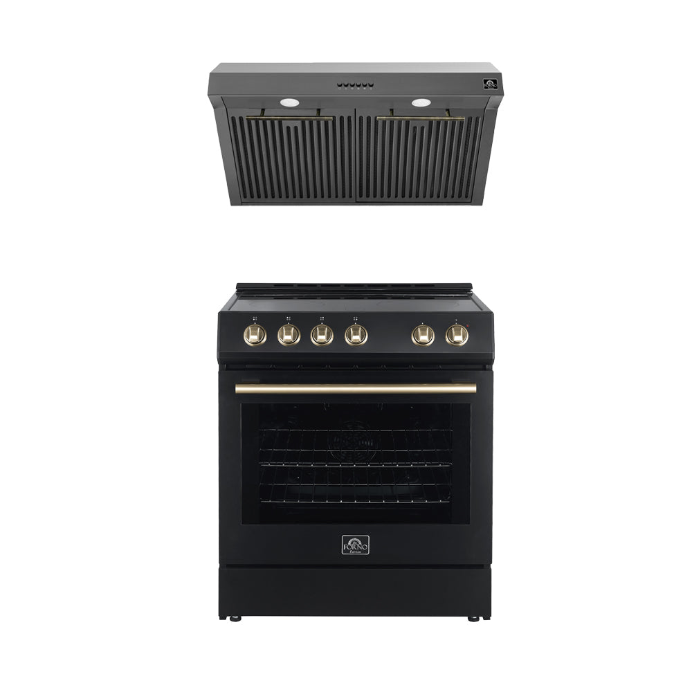 Forno Kitchen Appliance Package in black, range and range hood shown together with brass trim
