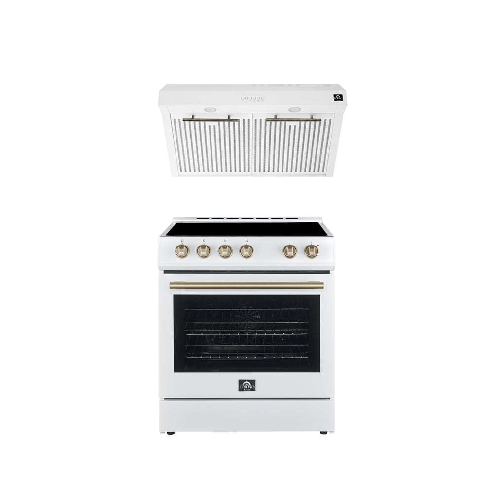 Forno Kitchen Appliance Package in white, range and range hood shown together with brass trim