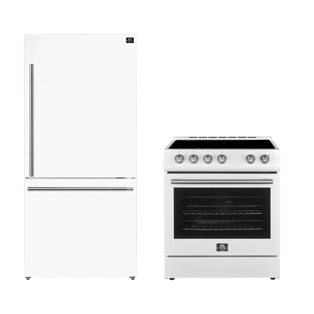 Forno Kitchen Appliance Package in white, refrigerator and range shown together with silver trim