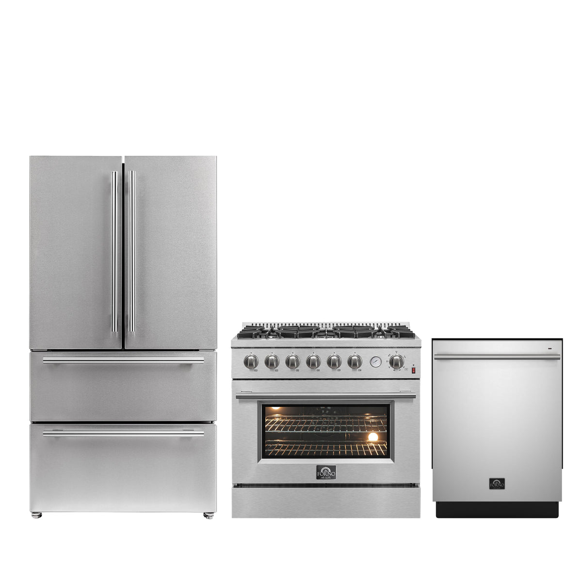 Forno Kitchen Appliance Package in stainless steel, refrigerator, range and dishwasher shown together