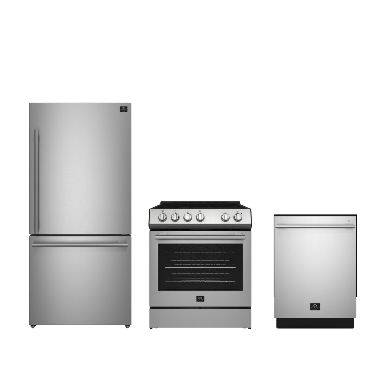 Forno Kitchen Appliance Package in stainless steel, refrigerator, range and dishwasher shown together