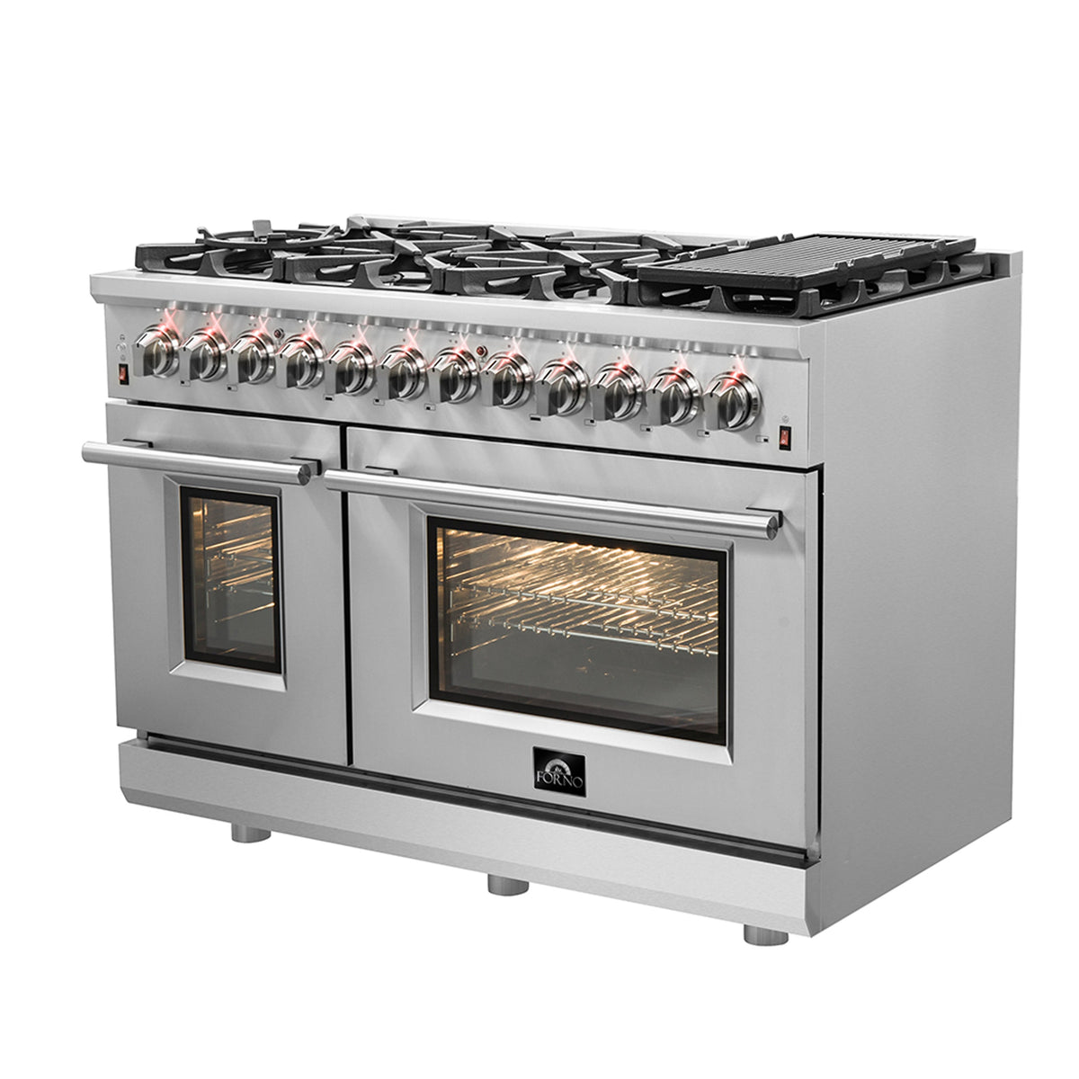 Forno Massimo 48-Inch Dual Fuel Range in stainless steel, angle view