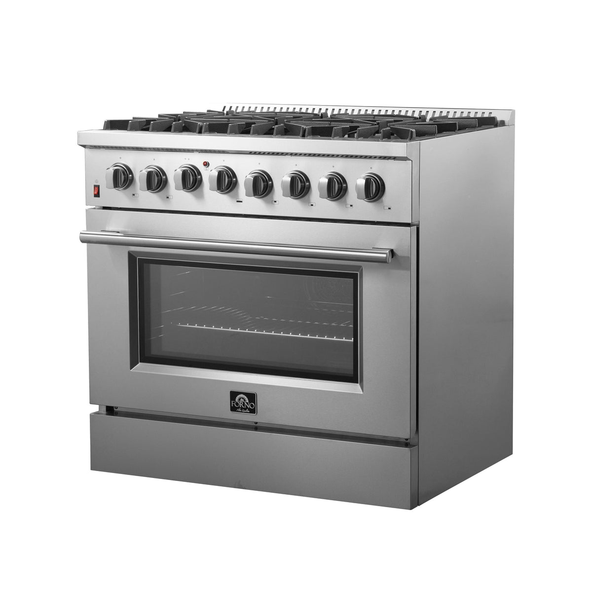 Forno Galiano 36-Inch Dual Fuel Range in stainless steel, side view