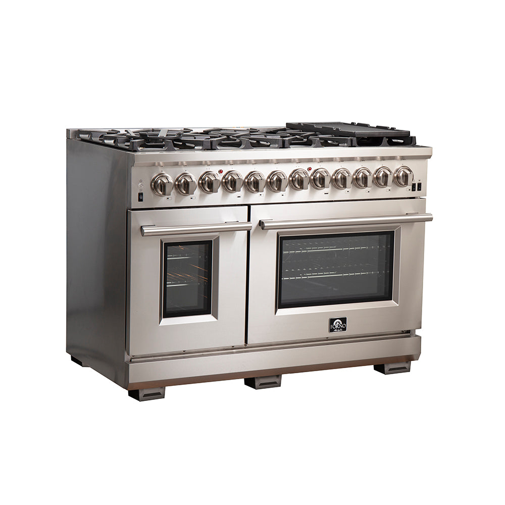 Forno Capriasca 48-Inch Dual Fuel Range in stainless steel, angle view