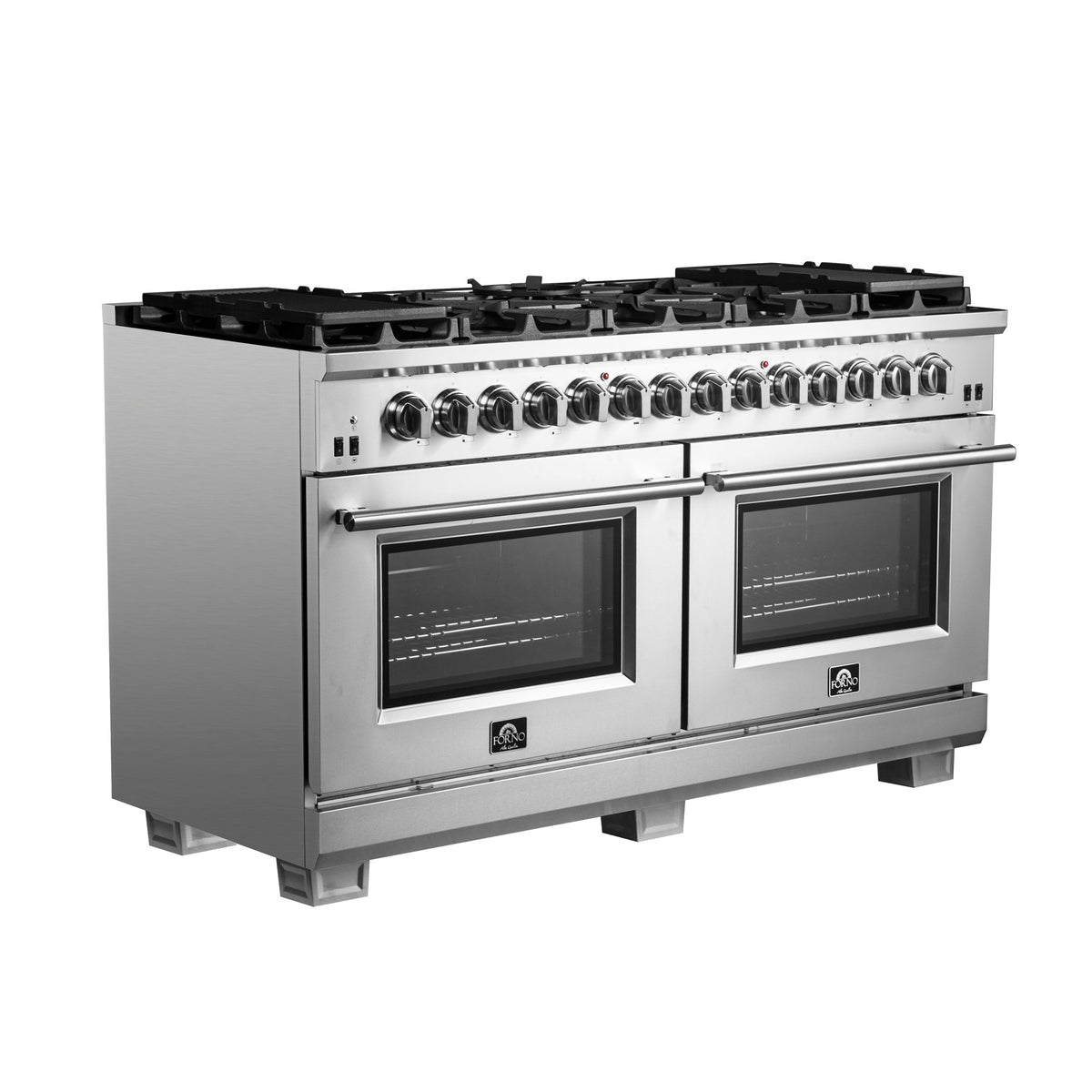 Forno Capriasca 60-Inch Dual Fuel Range in stainless steel, angle view