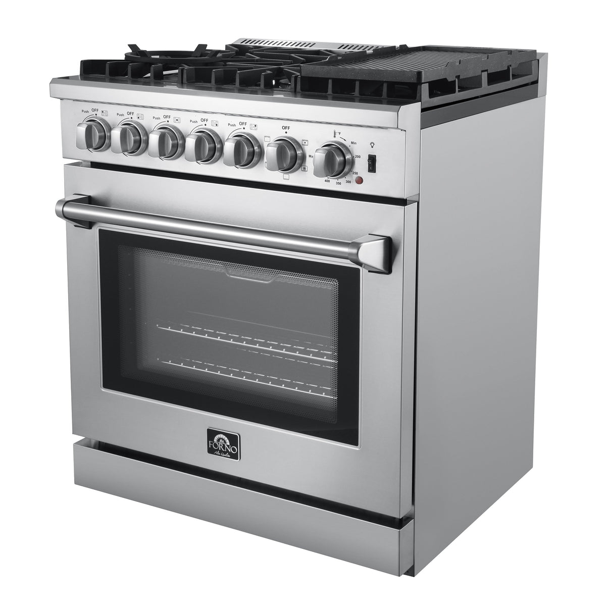 Forno Lazio 30-Inch Dual Fuel Range in stainless steel, angle top