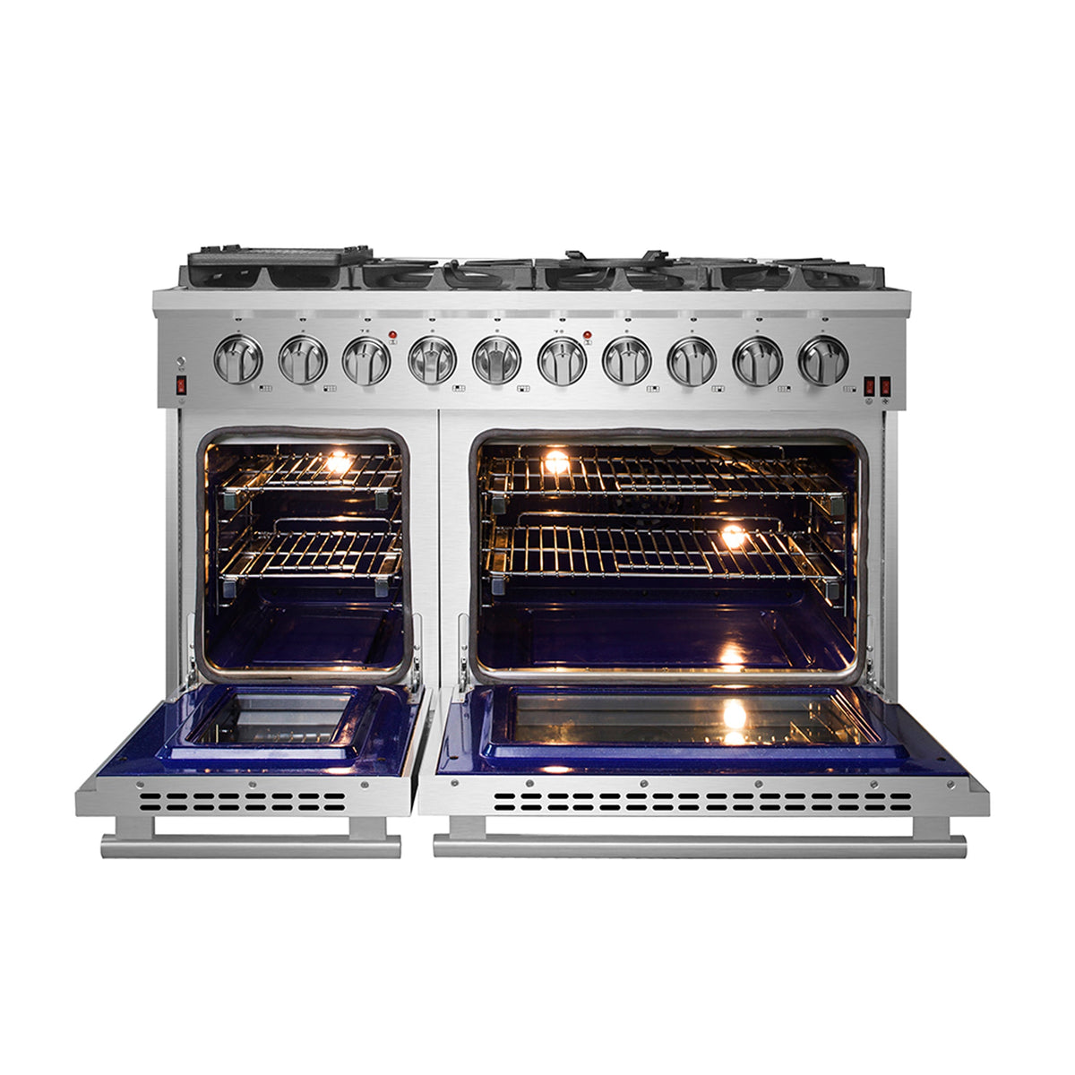 Forno Massimo 48-Inch Gas Range in stainless steel, dual blue enamel oven interior