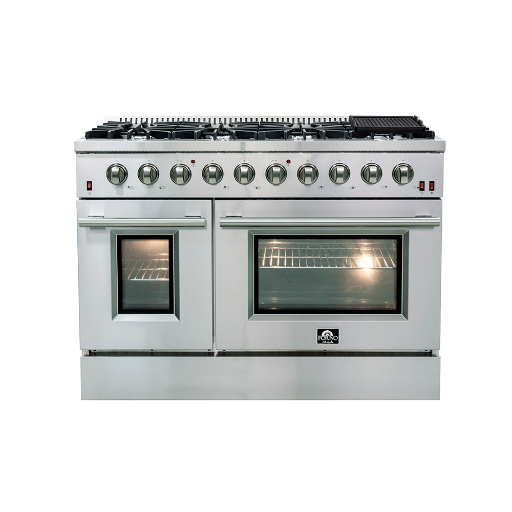 Forno Galiano 48-Inch Gas Range in stainless steel, front view