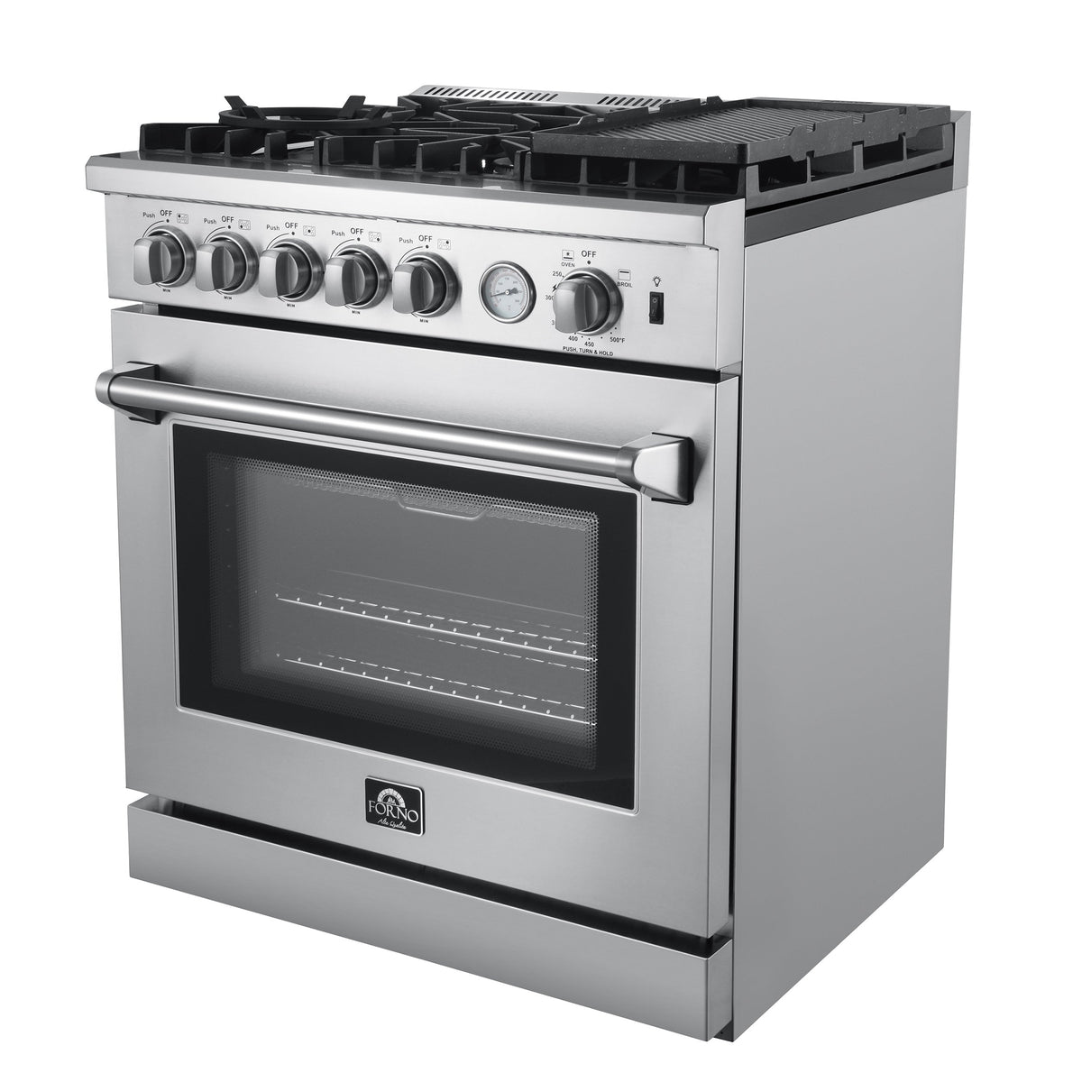 Forno Lazio 30-Inch Gas Range in stainless steel, angle cooktop
