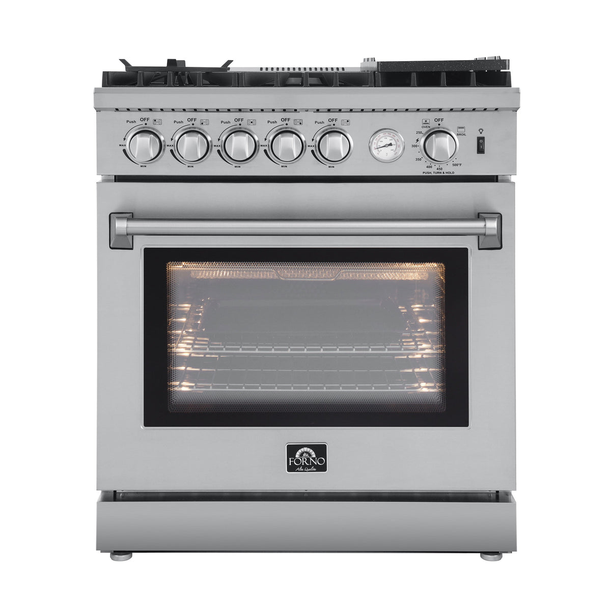 Forno Lazio 30-Inch Gas Range in stainless steel, front view