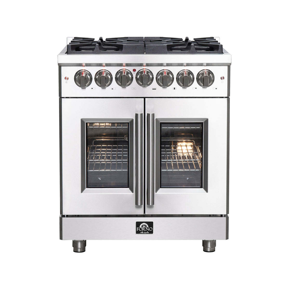 Forno Massimo 30-Inch Dual Fuel Range in stainless steel, french door front
