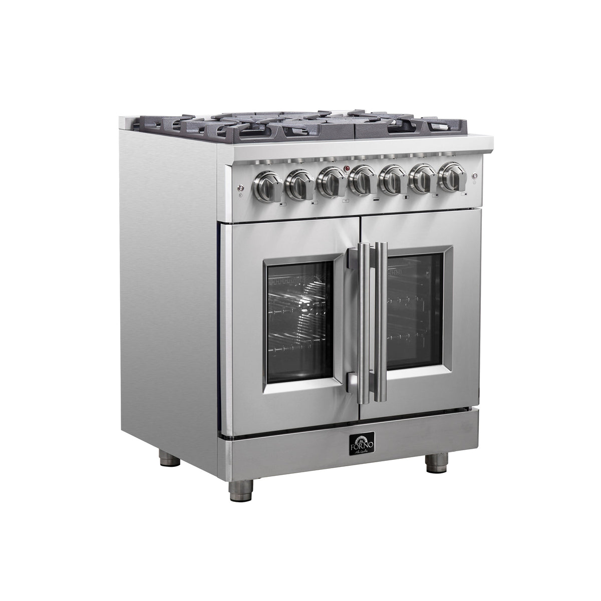 Forno Massimo 30-Inch Dual Fuel Range in stainless steel, french door side left