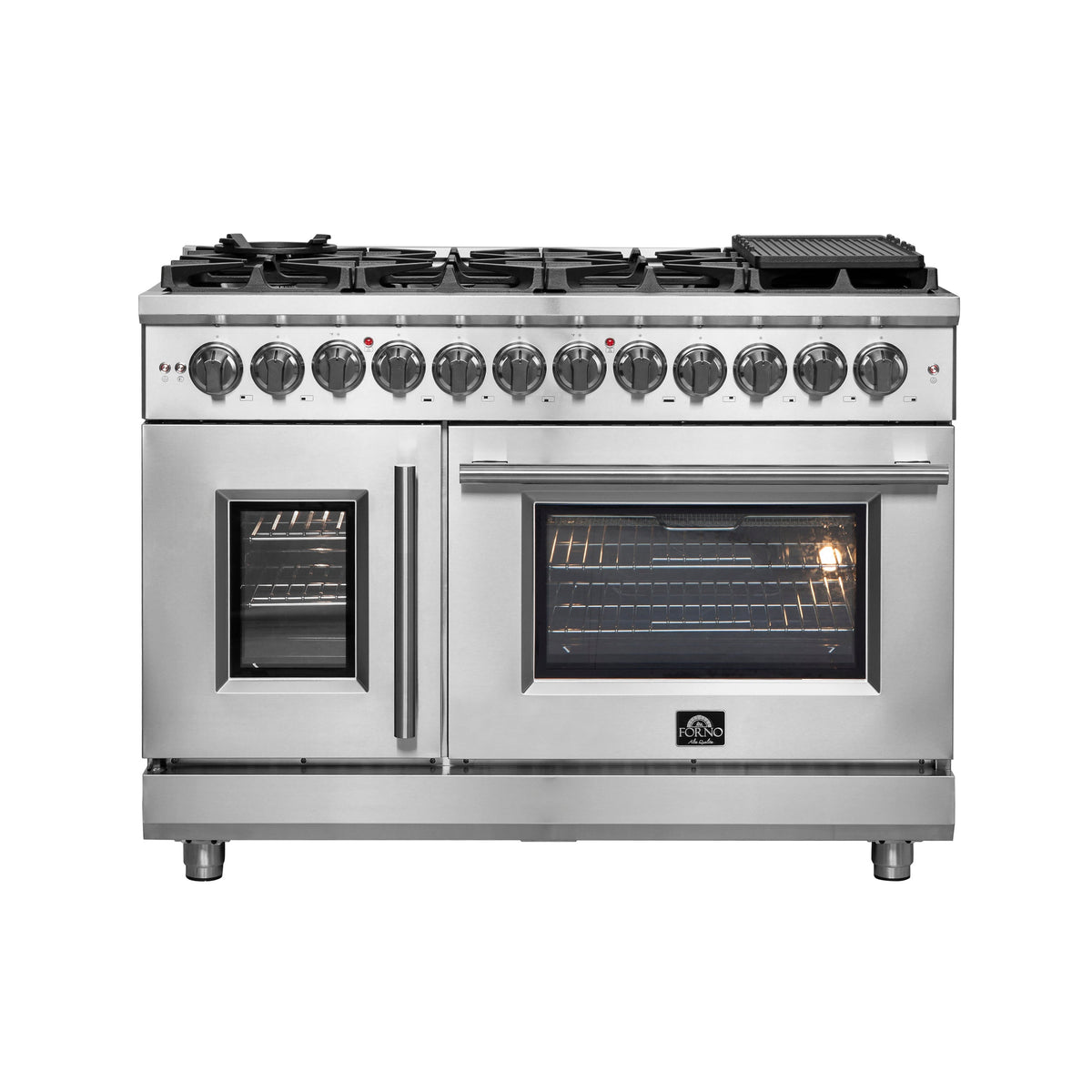 Forno Massimo 48-Inch Dual Fuel Range in stainless steel, french door front