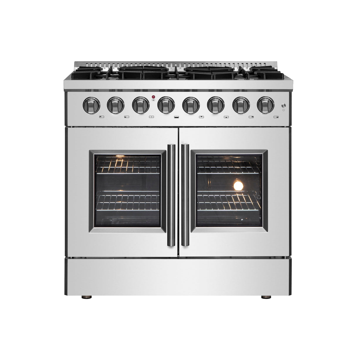 Forno Galiano 36-Inch Dual Fuel Range in stainless steel, french door