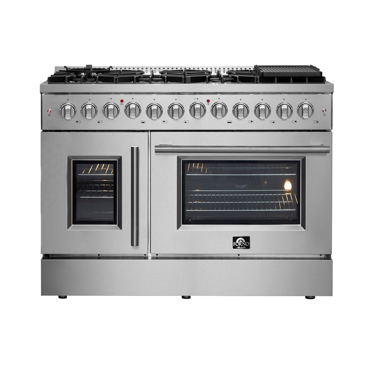 Forno Galiano 48-Inch Dual Fuel Range in stainless steel, french door