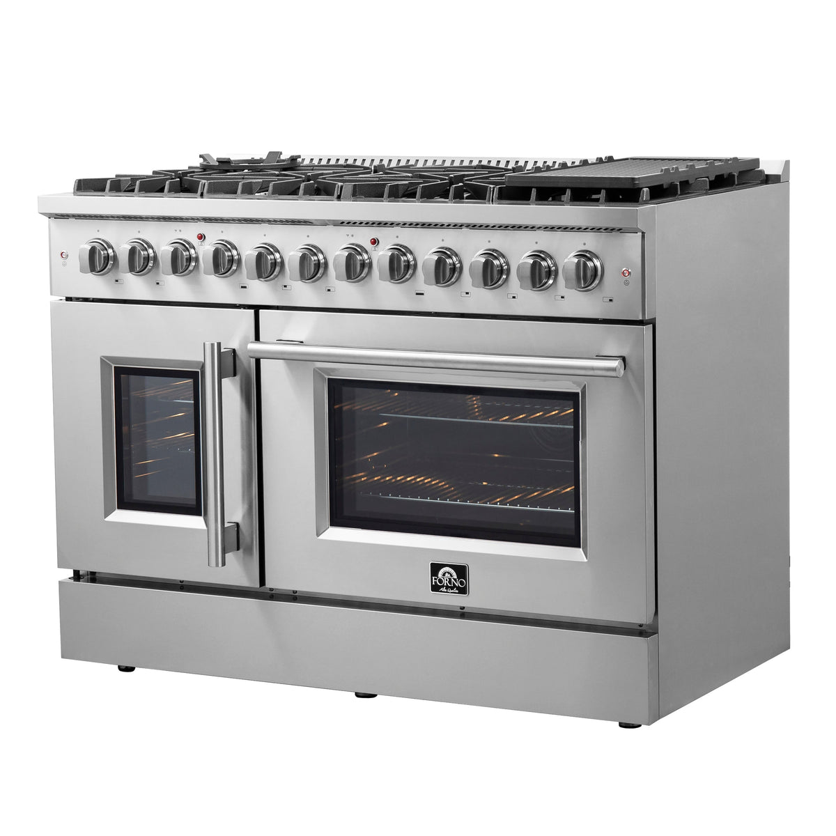 Forno Galiano 48-Inch Dual Fuel Range in stainless steel, french door right panel