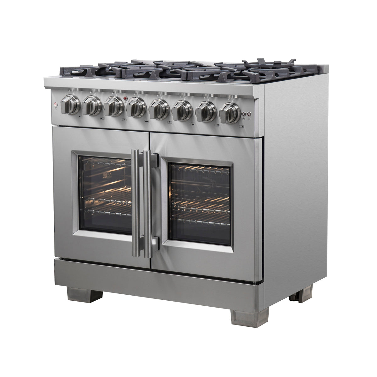 Forno Capriasca 36-Inch Dual Fuel Range in stainless steel, french doors right side front