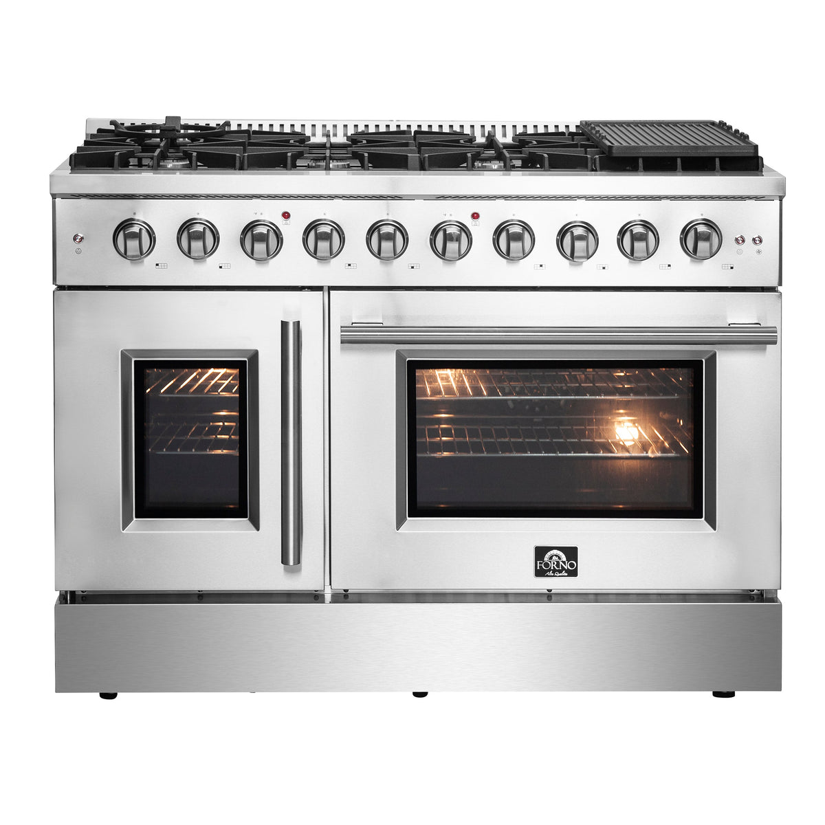 Forno Galiano 48-Inch Gas Range in stainless steel, french door