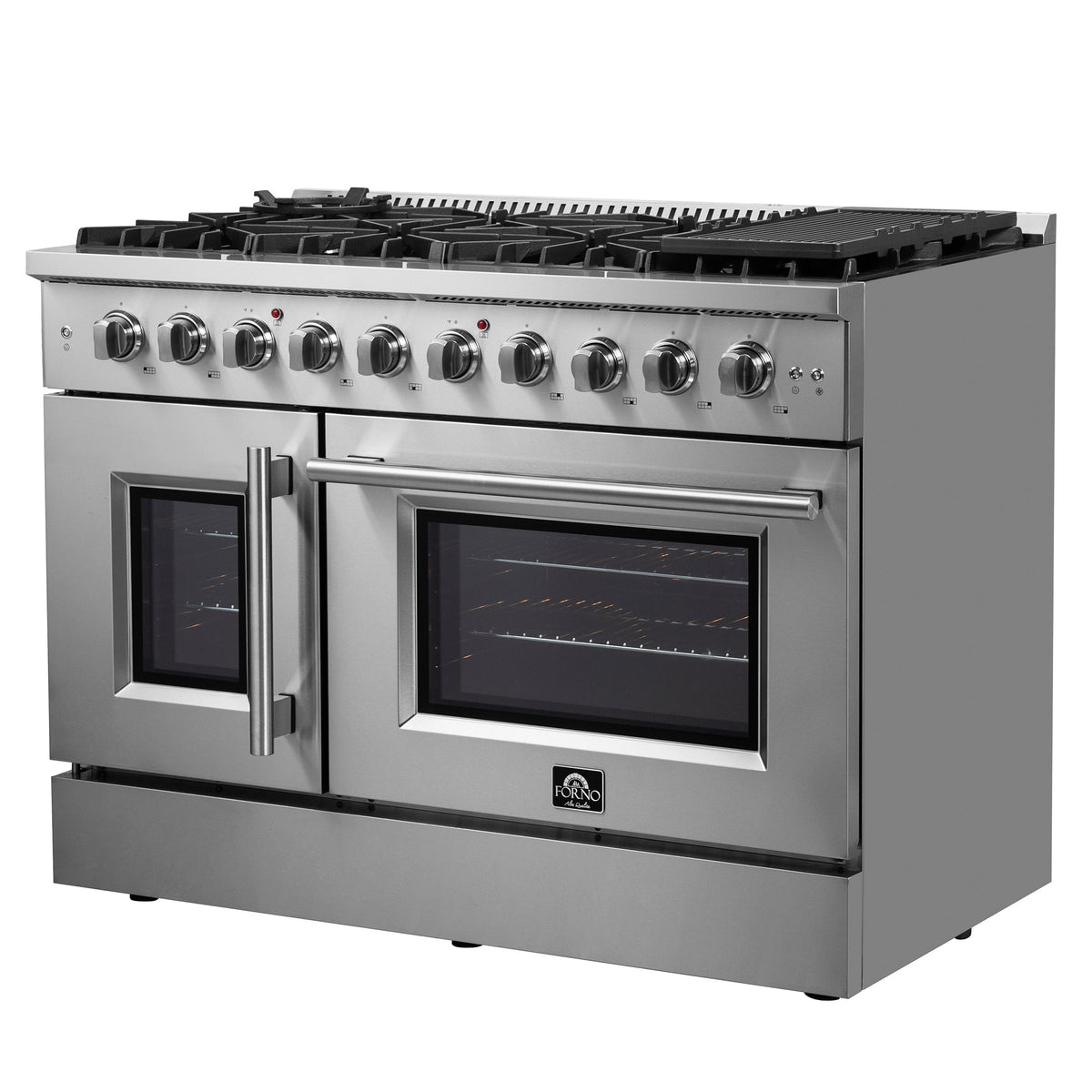 Forno Galiano 48-Inch Gas Range in stainless steel, front right angle