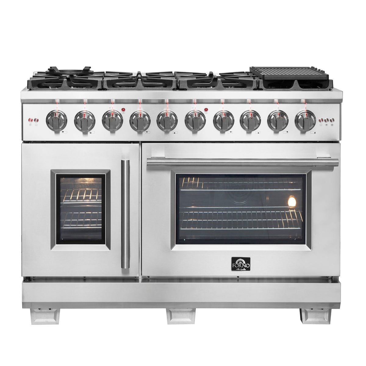 Forno Capriasca 48-Inch Gas Range in stainless steel, french door
