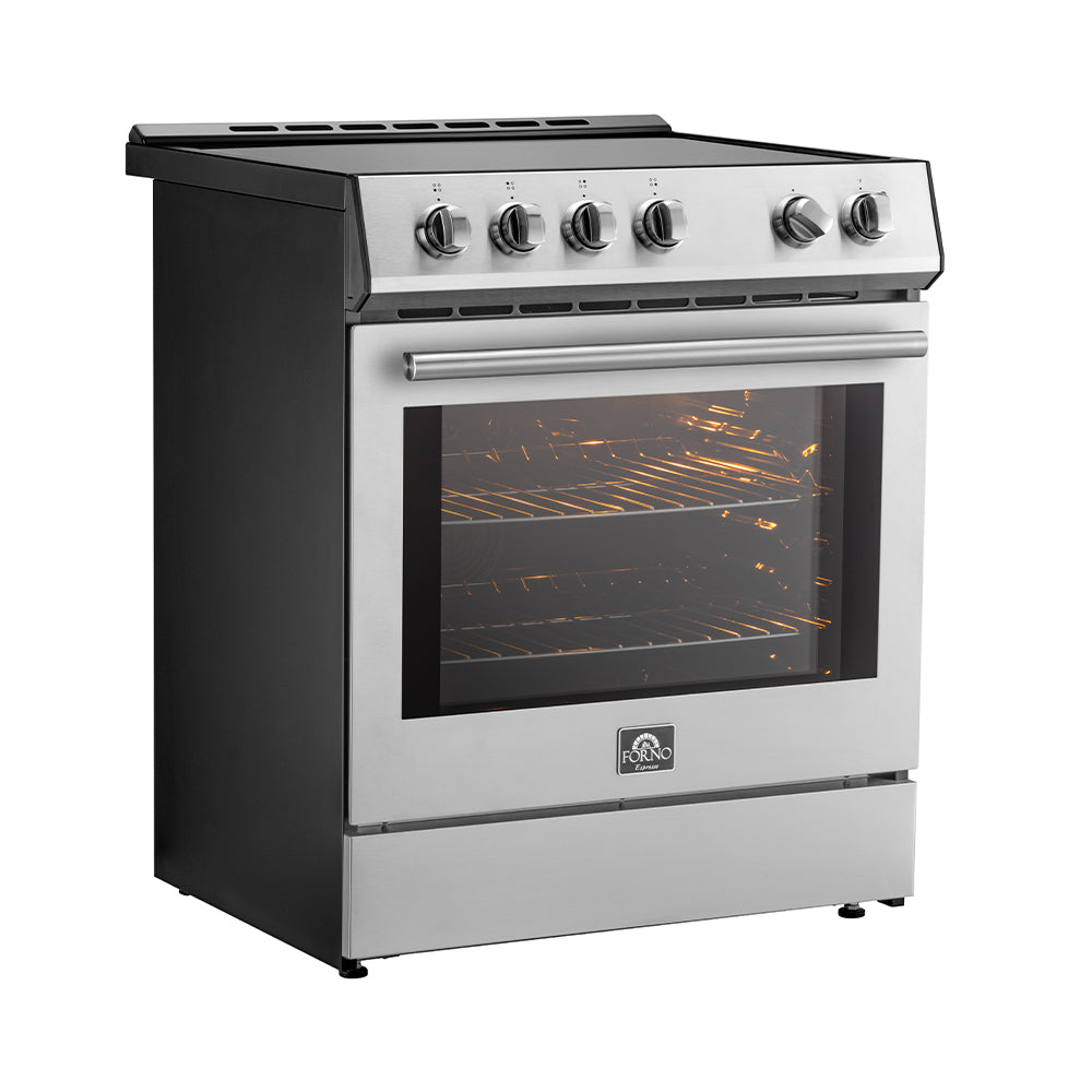 Forno Kitchen Appliance Package, Leonardo induction range angle close-up stainless steel