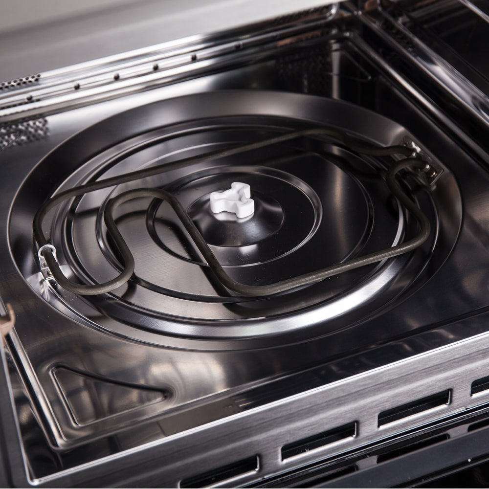 Forno Oliena 30-Inch Built-In Microwave & Convection Oven in stainless steel, close-up bottom heating element