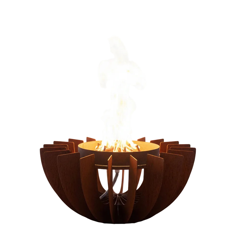 The Outdoor Plus Galaxy Fire Sculpture in Corten steel outdoor gas fire feature